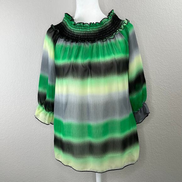 Don Luce Multi-Color Green Black Smocked Sheer Blouse Small - Picture 1 of 10